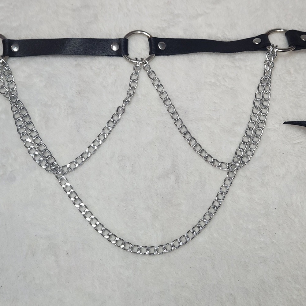Black Faux Leather Chain Belt Silver O-Ring Draped Tiered Punk Mall Goth Emo